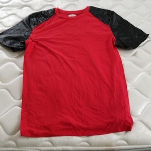 Red t-shirt with leather black sleeves